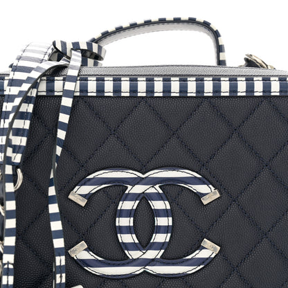 Chanel Caviar Quilted Striped Medium CC Filigree Vanity Case Navy White 8 of 10