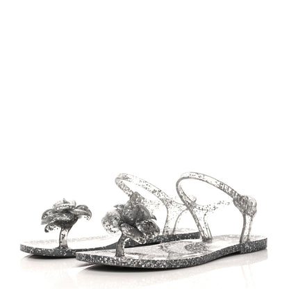 Chanel Jelly Camellia Glitter Thong Sandals 37 Grey 3 of 9