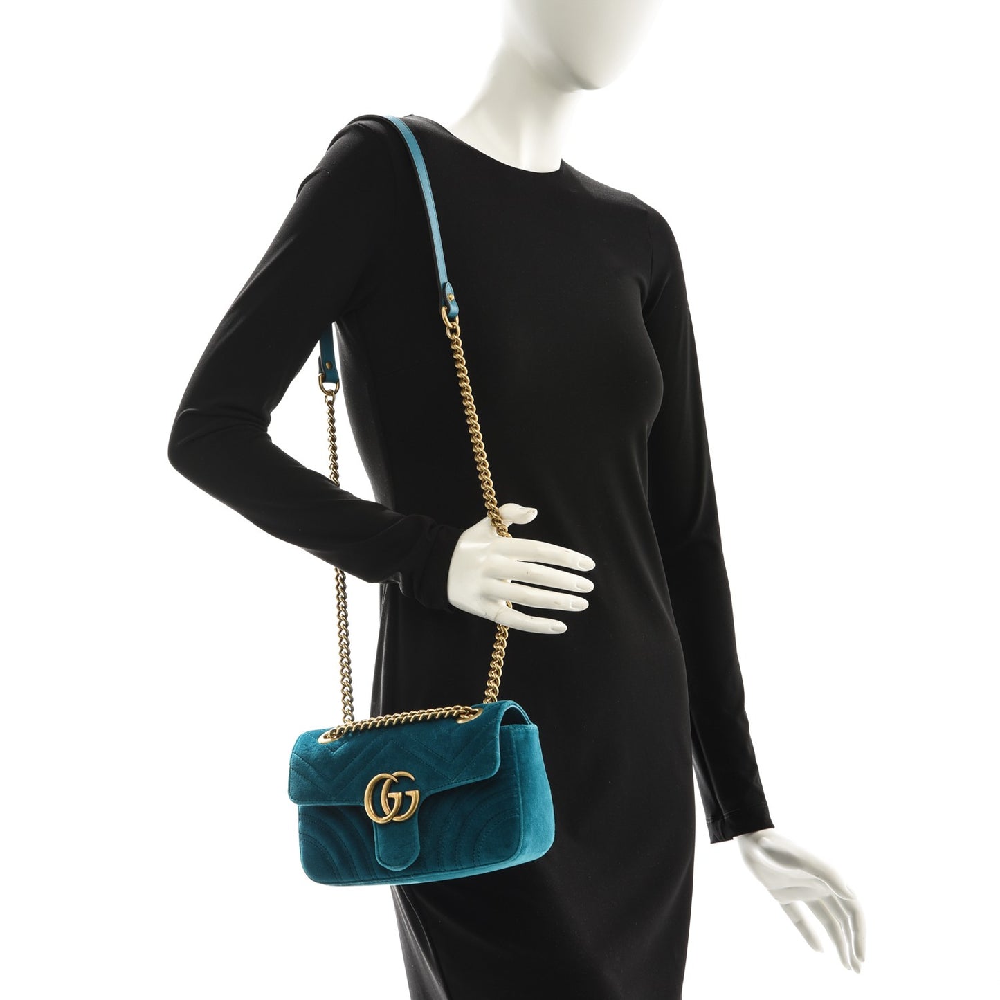 Velvet Matelasse Mini GG Marmont Shoulder Bag Pavone Cyan