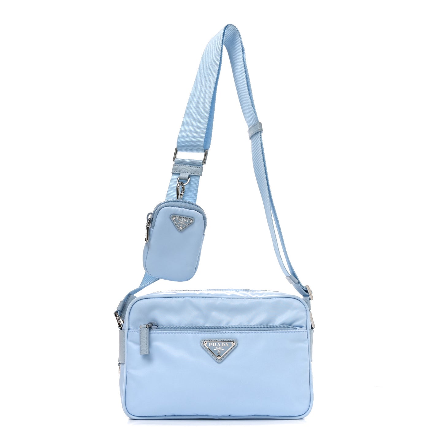 Re-Nylon Vela Saffiano Pocket Double Zip Shoulder Bag Celeste
