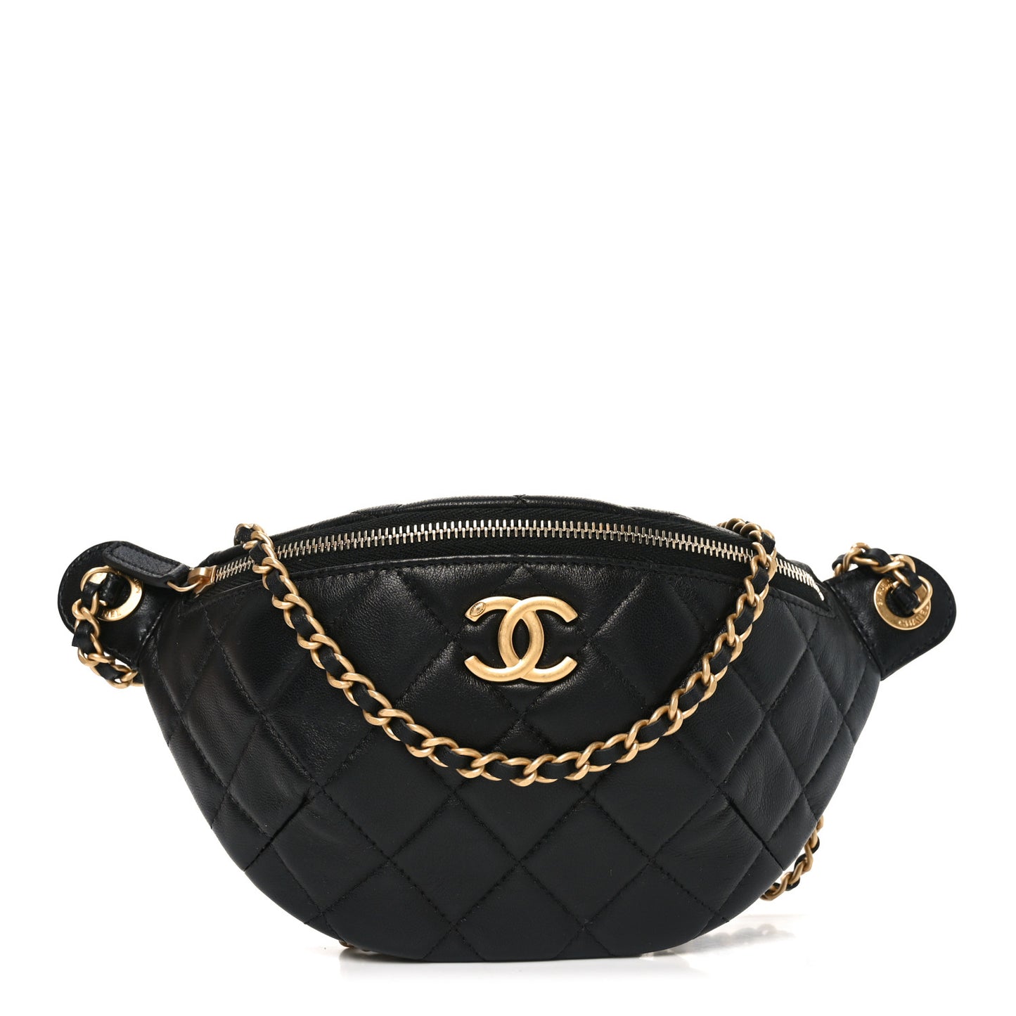 Shiny Lambskin Quilted CC Slide Waist Bag Fanny Pack Black