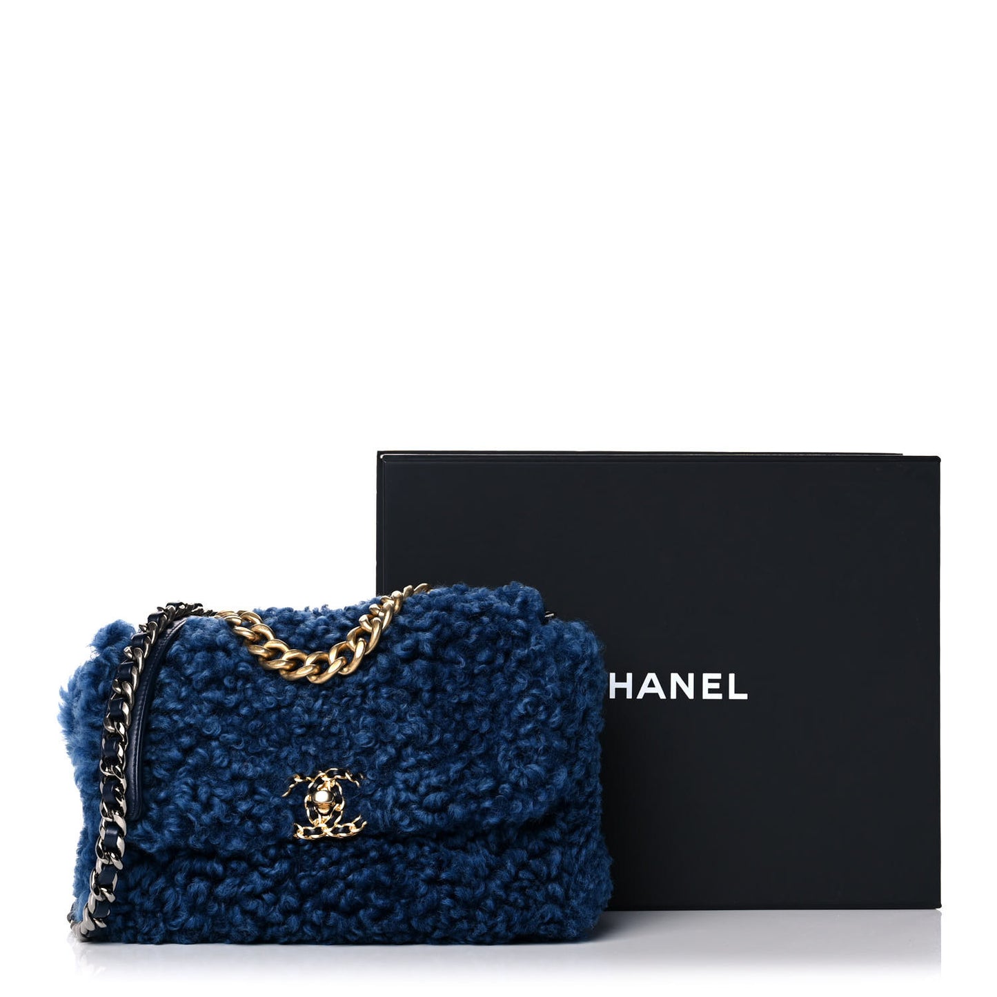 Shearling Sheepskin Large Chanel 19 Flap Blue