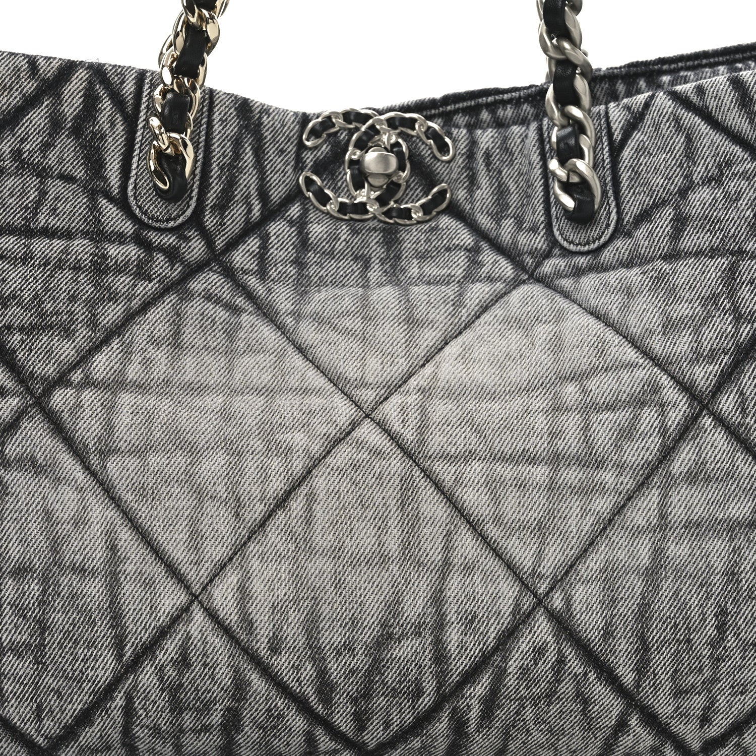 Chanel Washed Denim Quilted Chanel 19 East West Shopping Bag Black White 8 of 10