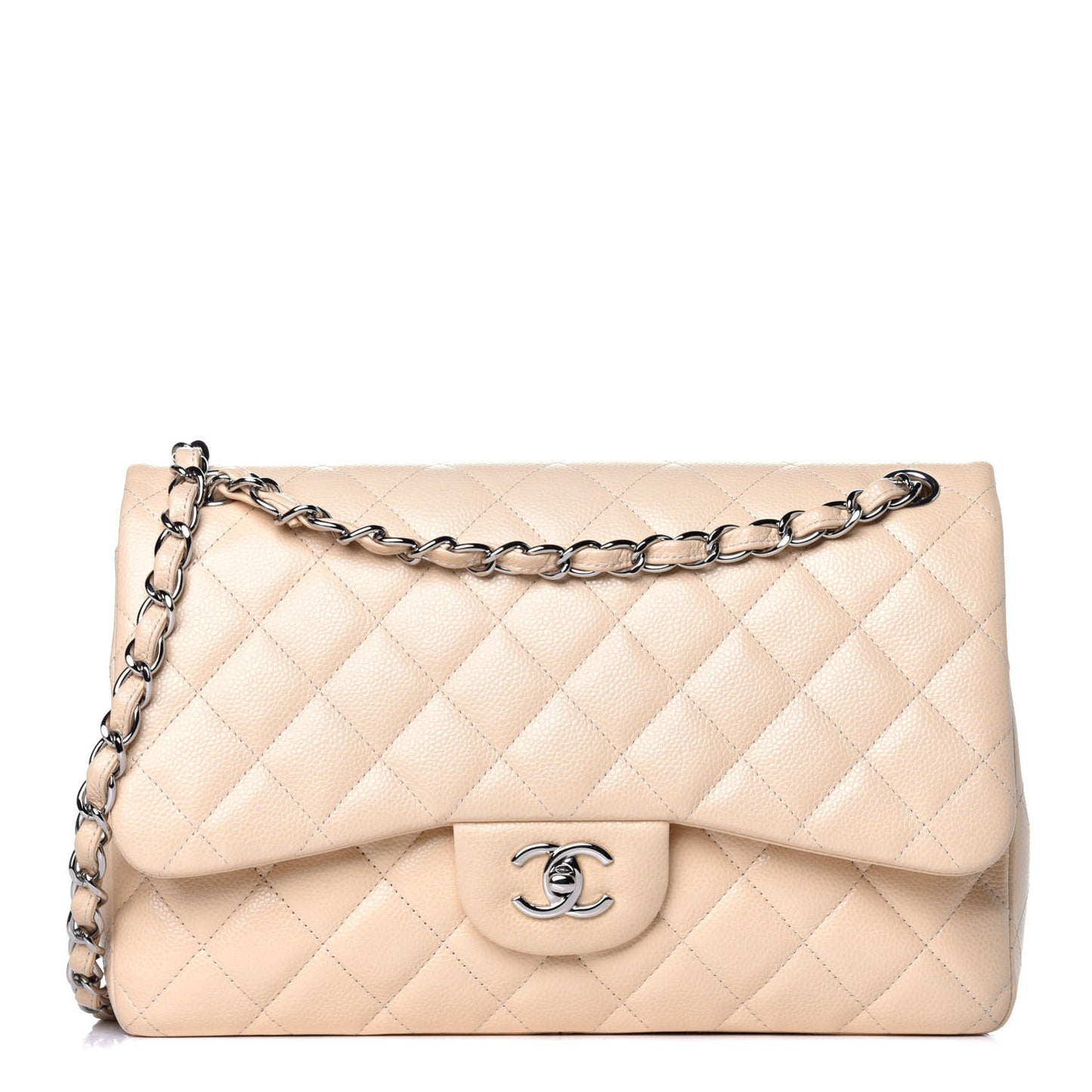 Caviar Quilted Jumbo Double Flap Beige Clair
