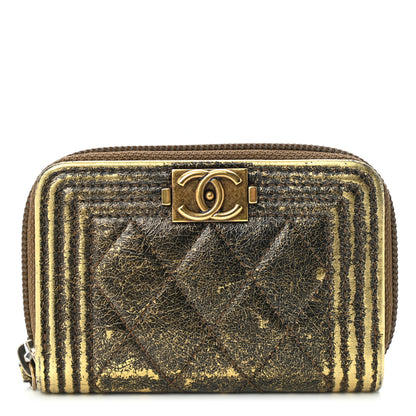 Chanel Cracked Metallic Calfskin Quilted Boy Zip Around Coin Purse Wallet Gold 1 of 10