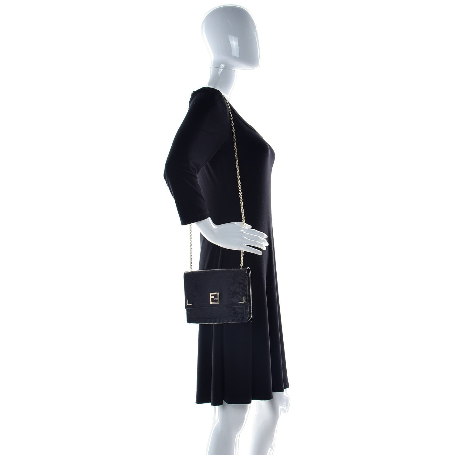 Fendi Calfskin Lizard Embossed Wallet on Chain Black 2 of 15