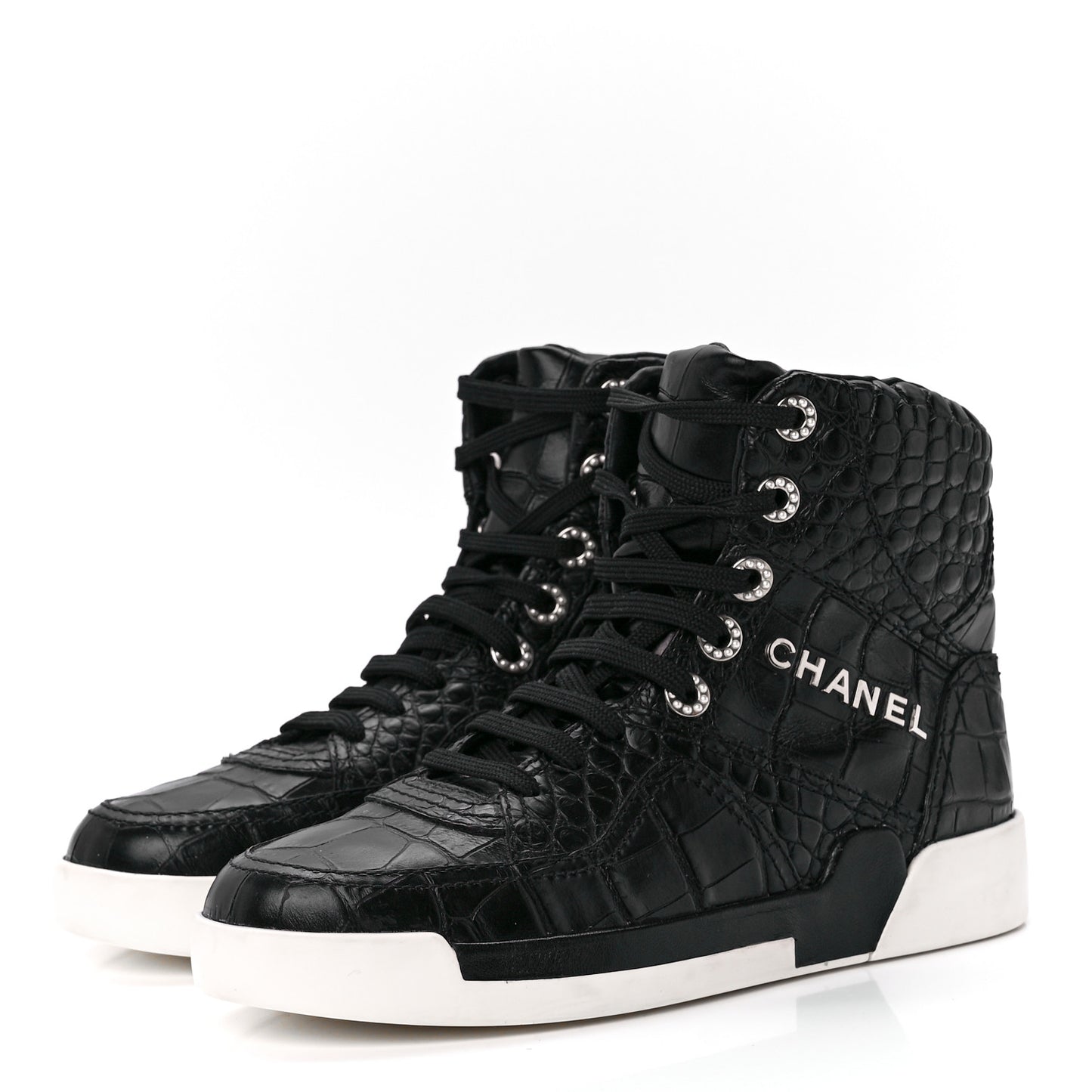 Calfskin Crocodile Embossed Cocodile High Top Sneakers 37 Black