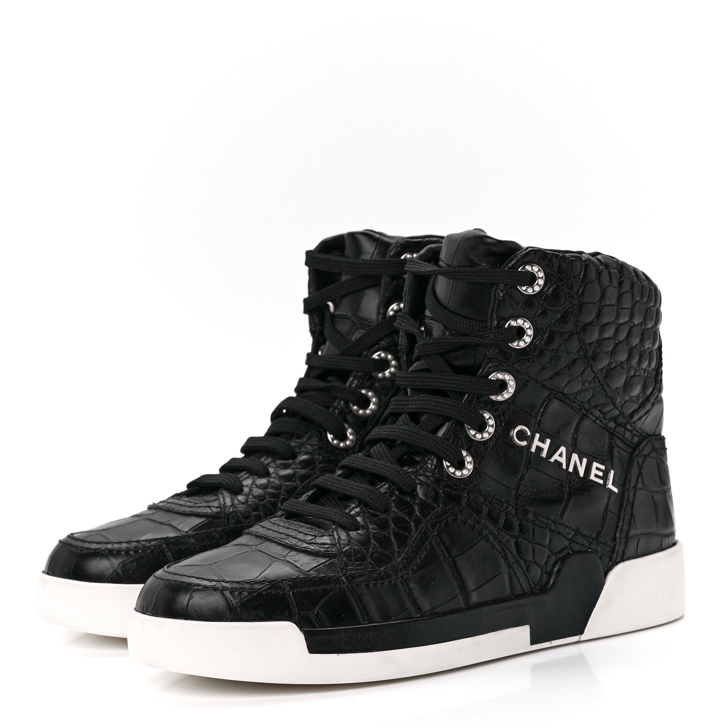 Chanel Calfskin Crocodile Embossed Cocodile High Top Sneakers 37 Black 3 of 8