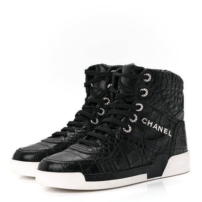 Chanel Calfskin Crocodile Embossed Cocodile High Top Sneakers 37 Black 3 of 8