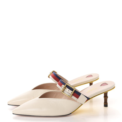 Gucci Malaga Kid Sylvie Web Bamboo Low Heel Mules 39 White 3 of 10