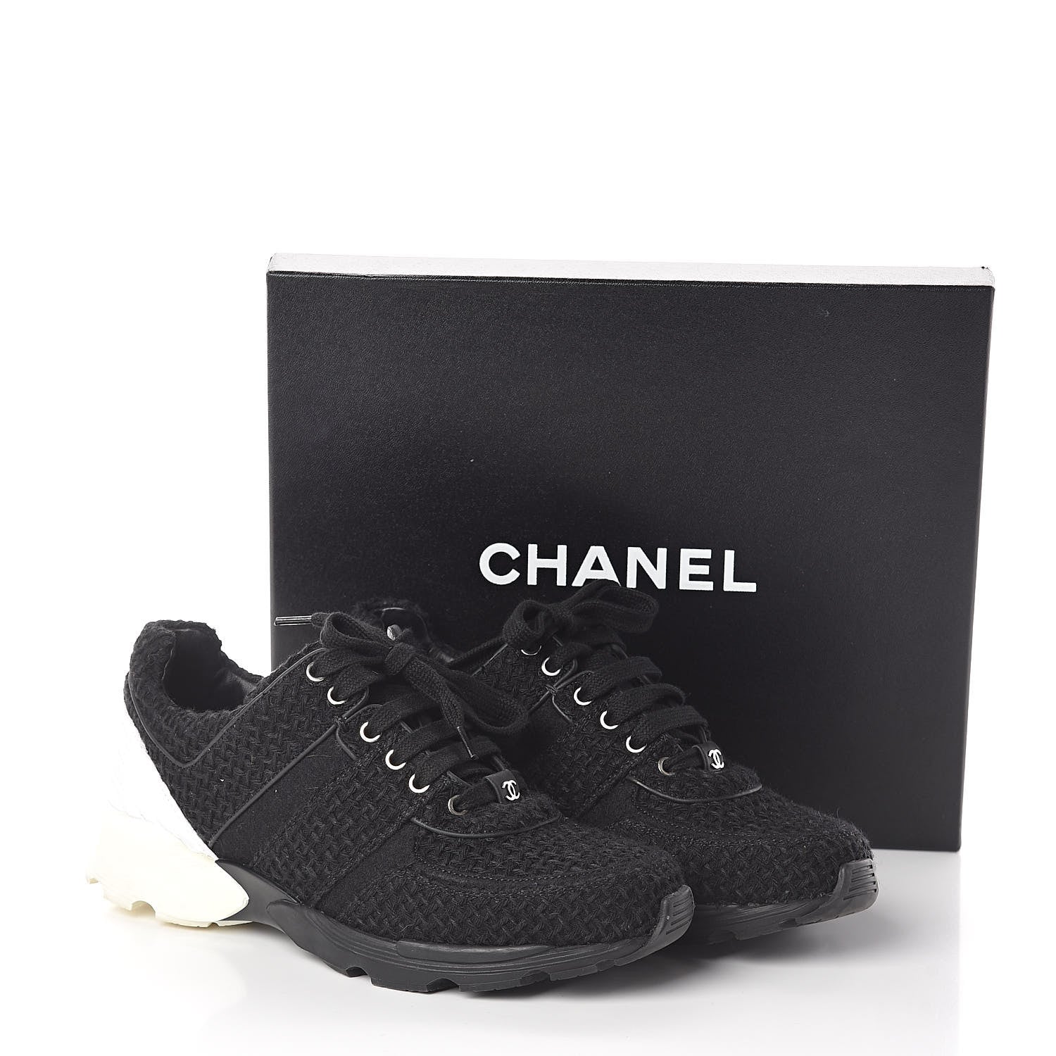 Chanel Tweed Calfskin Sneakers 39 Black White 8 of 8