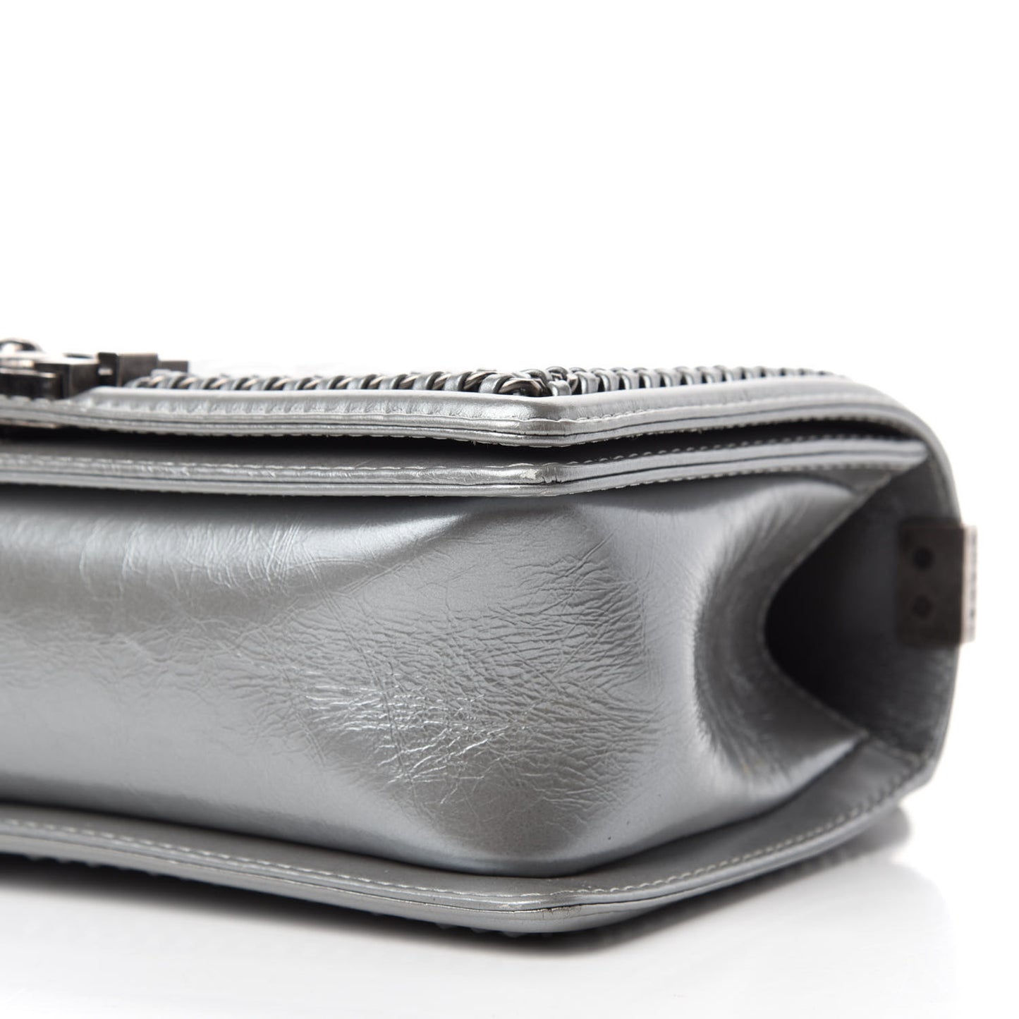 Metallic Aged Calfskin Quilted Medium Top Handle Boy Flap Silver