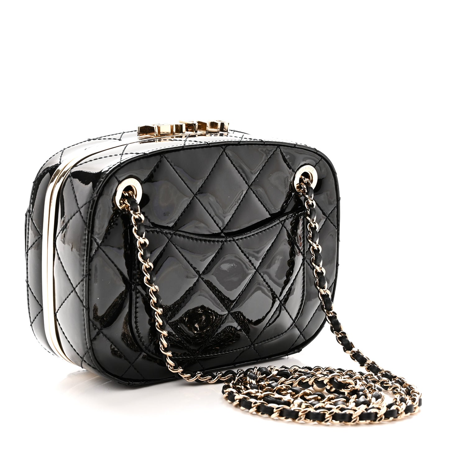 Patent Calfskin Quilted Mini Camera Case Black