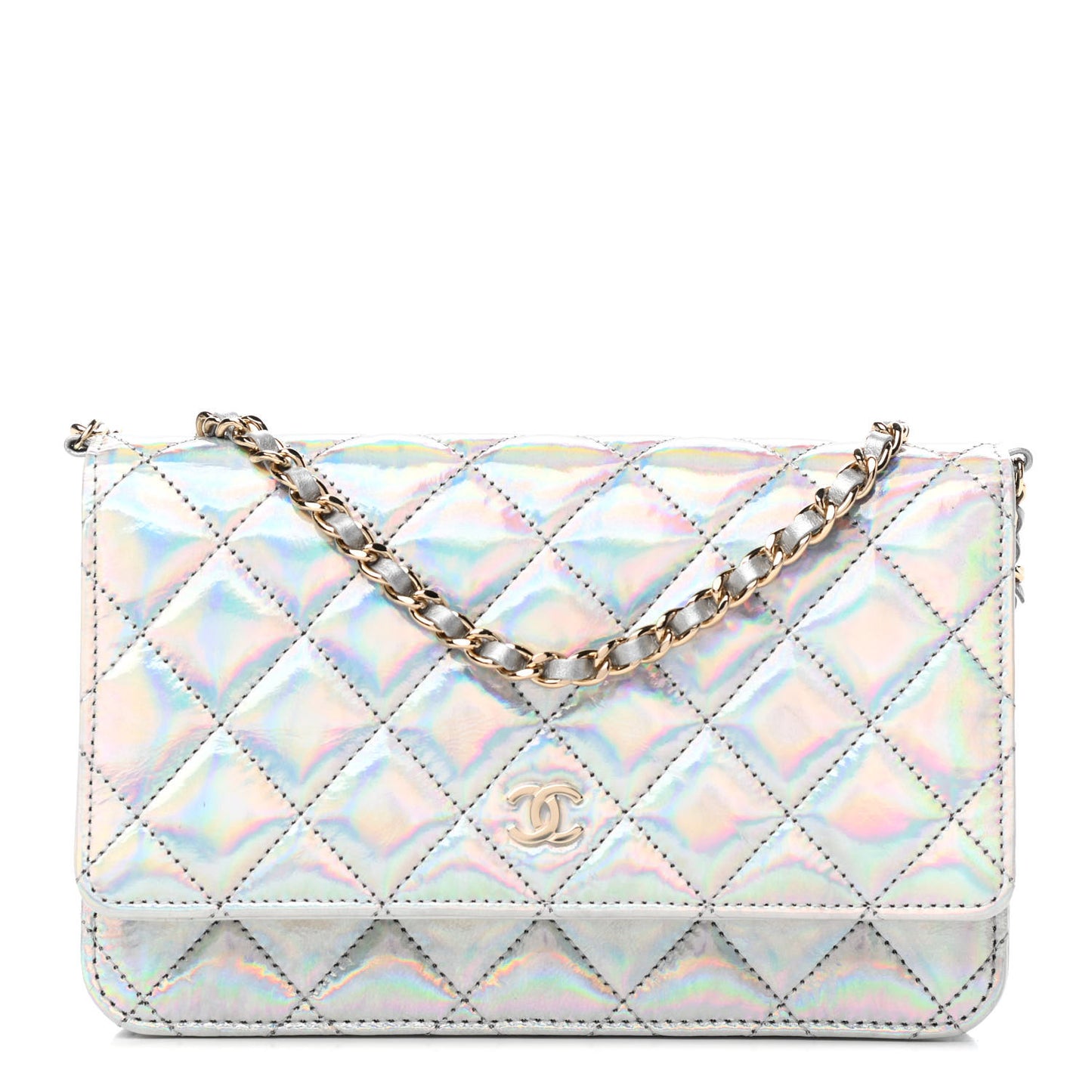 Iridescent Goatskin Quilted Wallet On Chain WOC Silver
