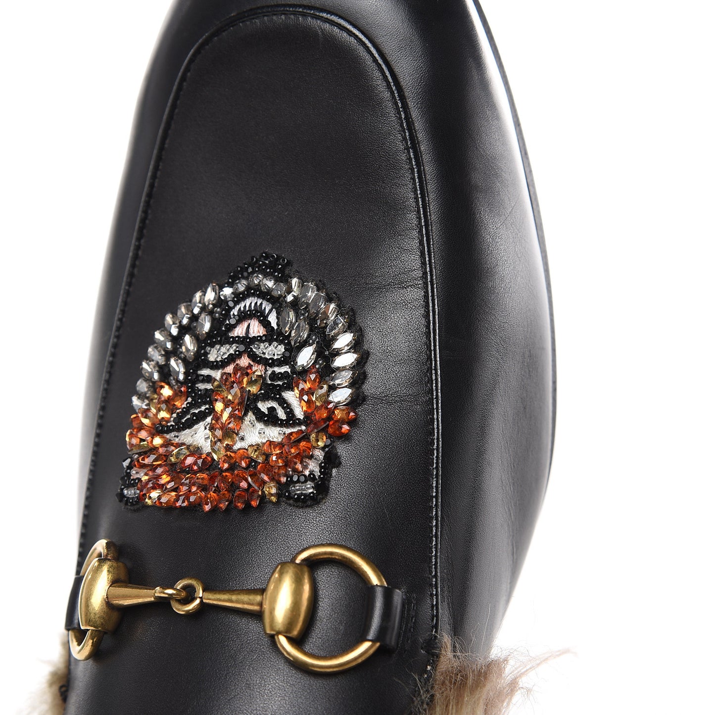 Calfskin Fur Crystal Tiger Embroidered Mens Princetown Slippers 8 Black