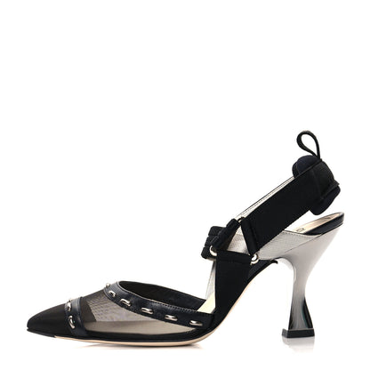 Fendi Technical Mesh Vitello Metal Stitches Colibri 85mm Slingback Pumps 37.5 Black Canna di Fucile 1 of 8