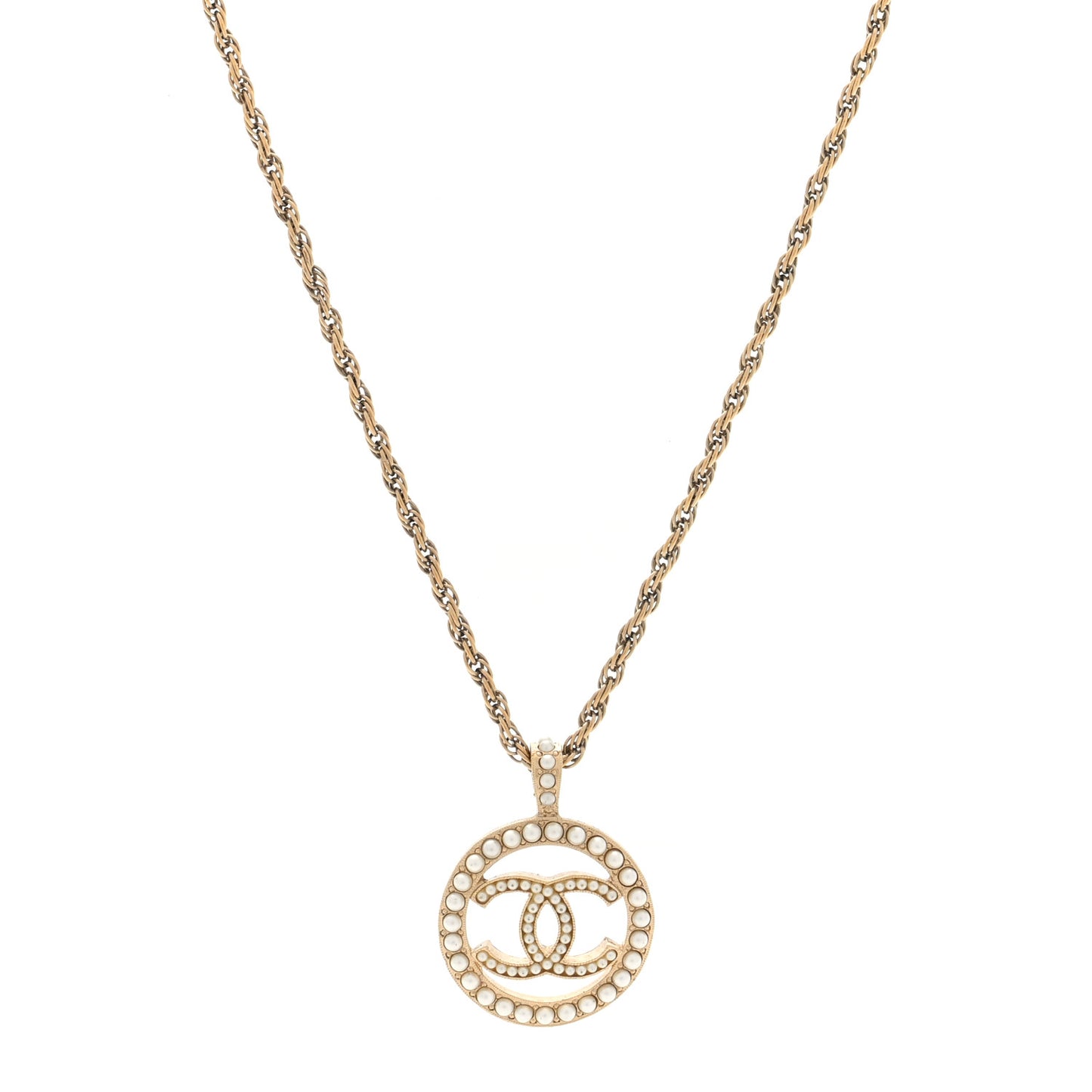 Pearl CC Round Pendant Necklace Gold