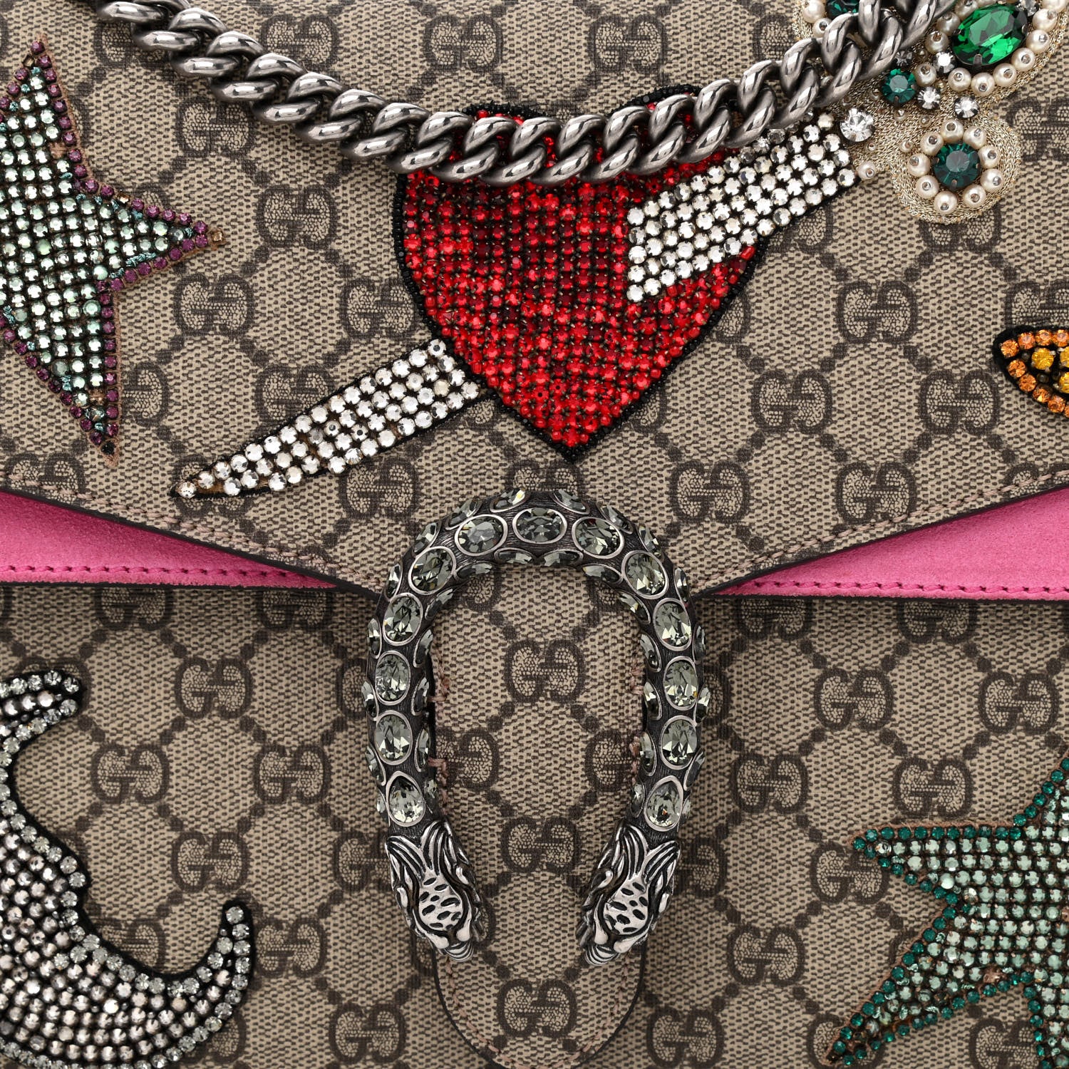 Gucci GG Supreme Monogram Suede Pierced Heart Embroidered Medium Dionysus Shoulder Bag Beige Ebony Pink Tropical Flower 8 of 16