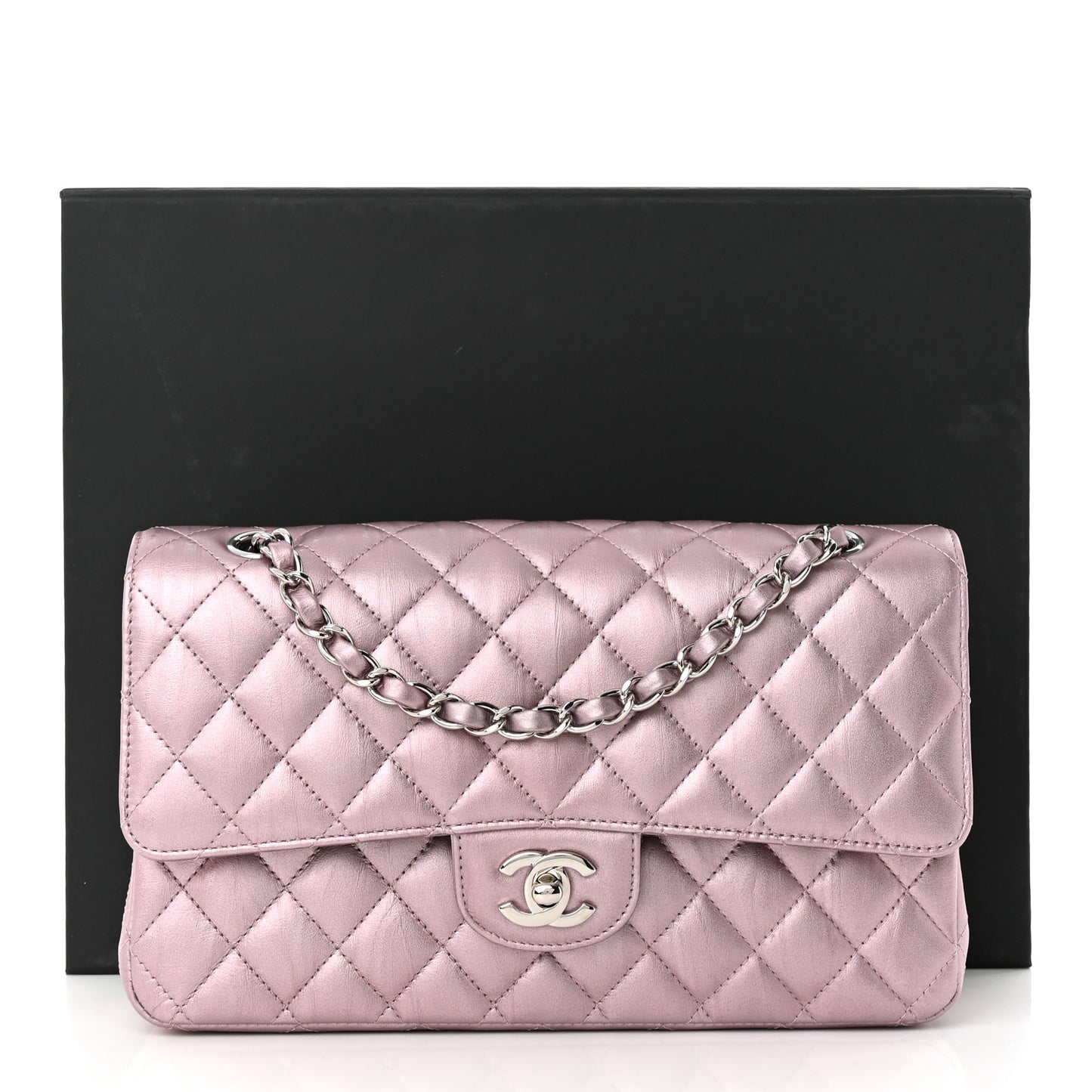 Metallic Calfskin Quilted Medium Double Flap Purple