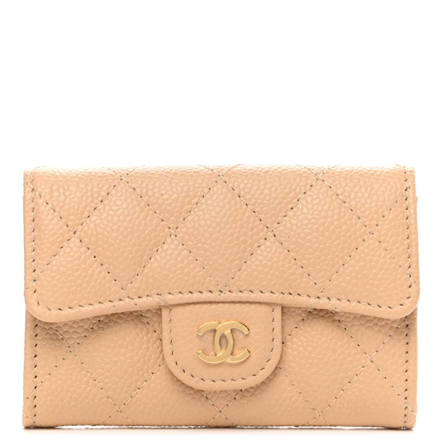 Caviar Quilted Flap Card Holder Wallet Beige