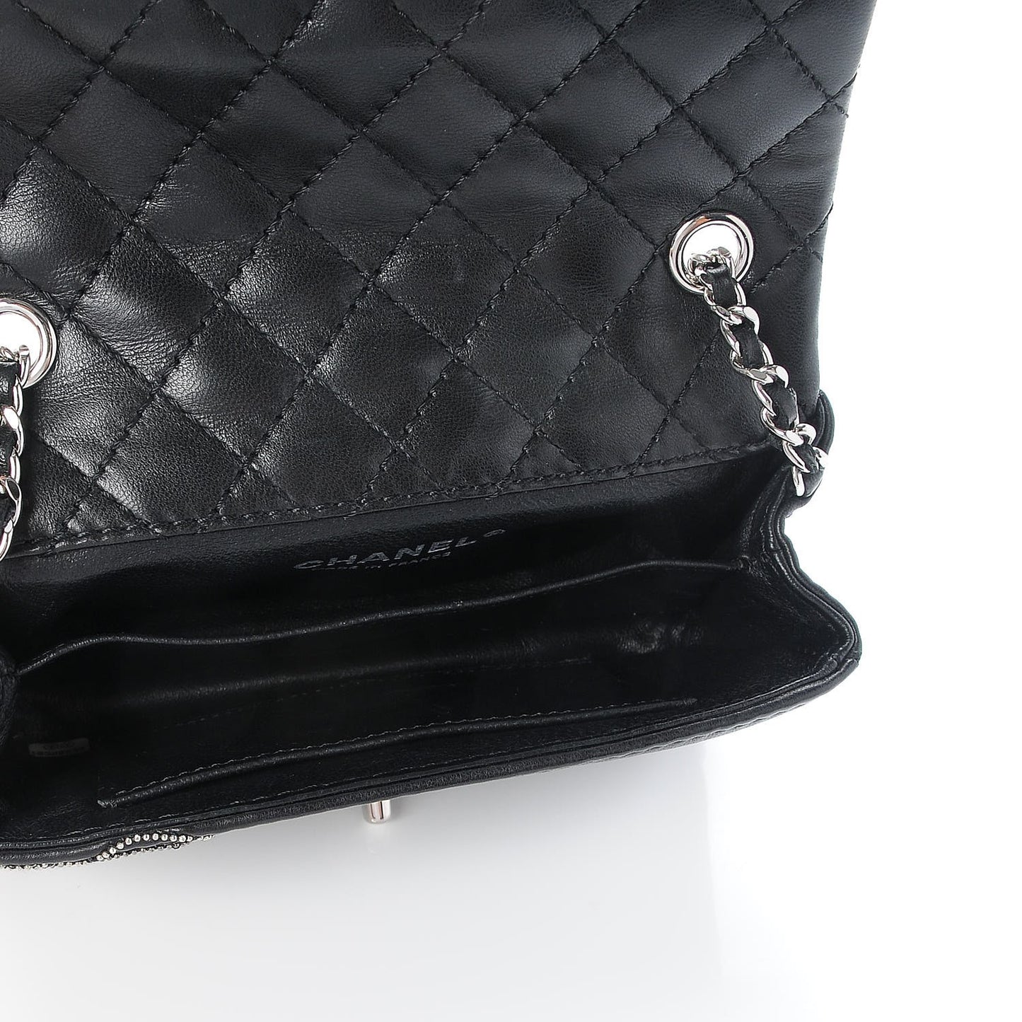 Lambskin Studded Camellia Embroidered Mini Rectangular Flap Black