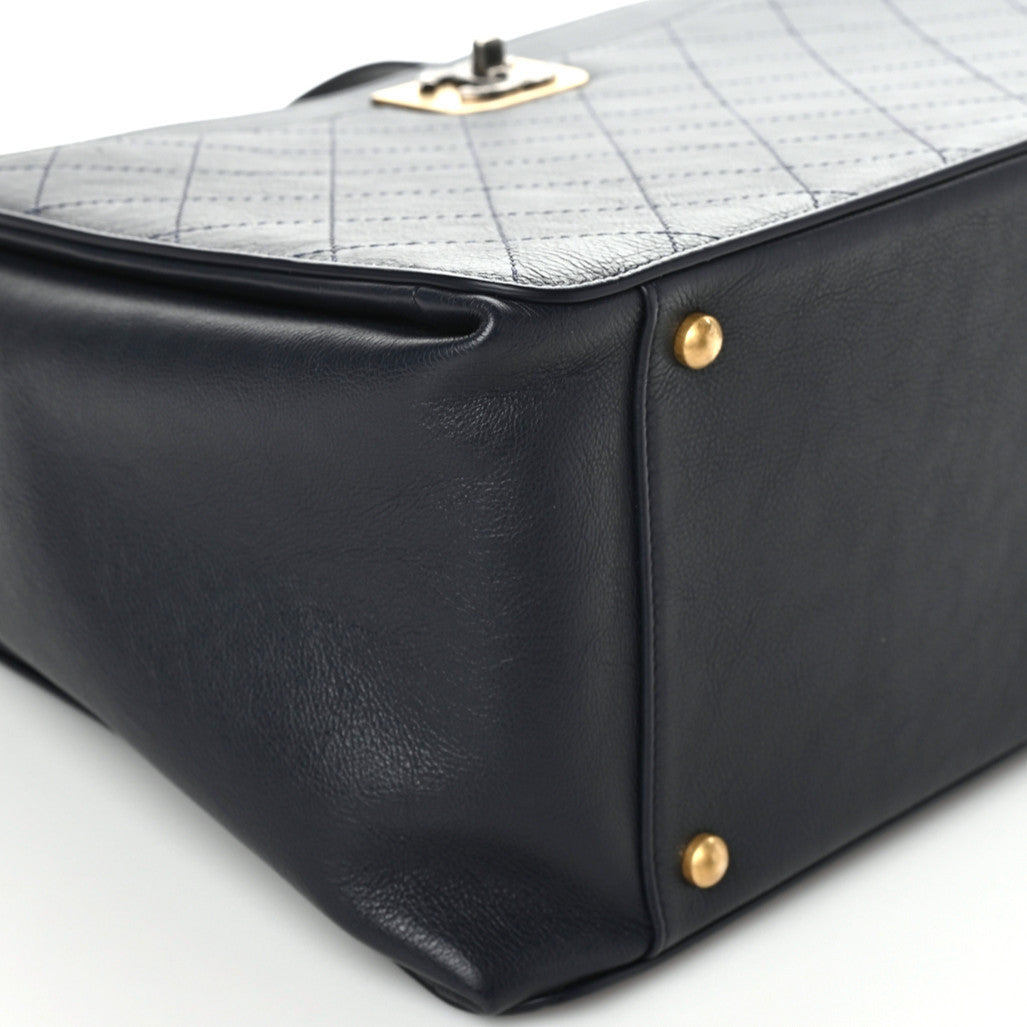 Calfskin Stitched Large Straight Lines Shopping Tote Navy