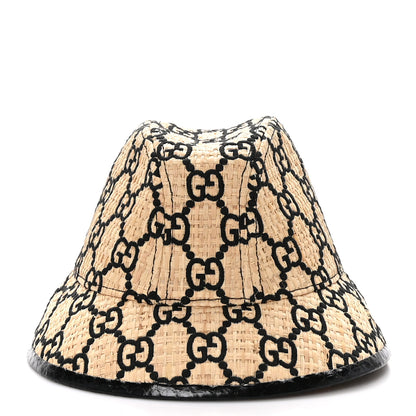 Gucci Raffia Elaphe Interlocking GG Embroidered Fedora Hat M Ivory Black 2 of 8