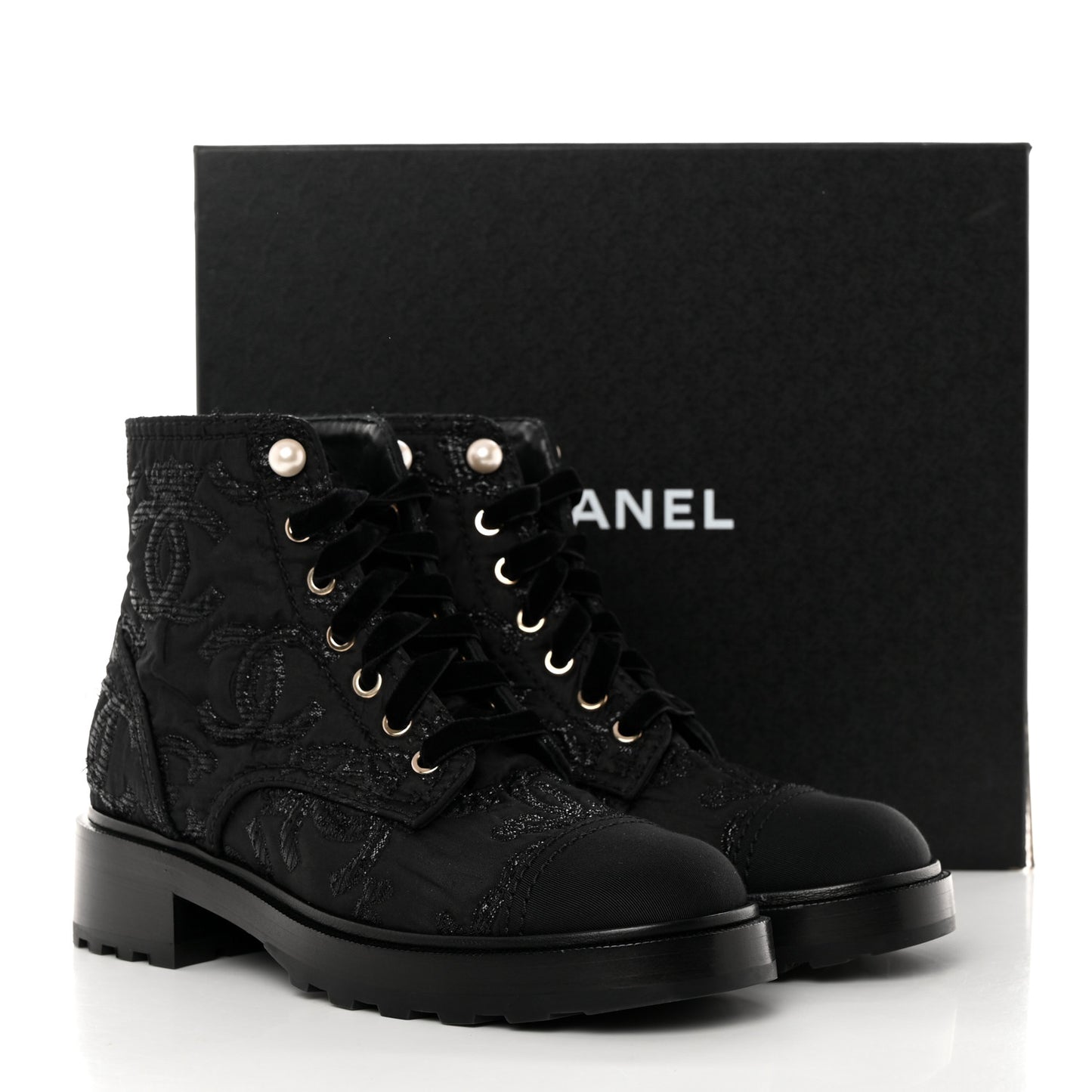 Tweed Grosgrain CC Combat Short Boots 38.5 Black