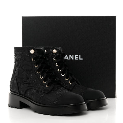 Chanel Tweed Grosgrain CC Combat Short Boots 38.5 Black 9 of 9