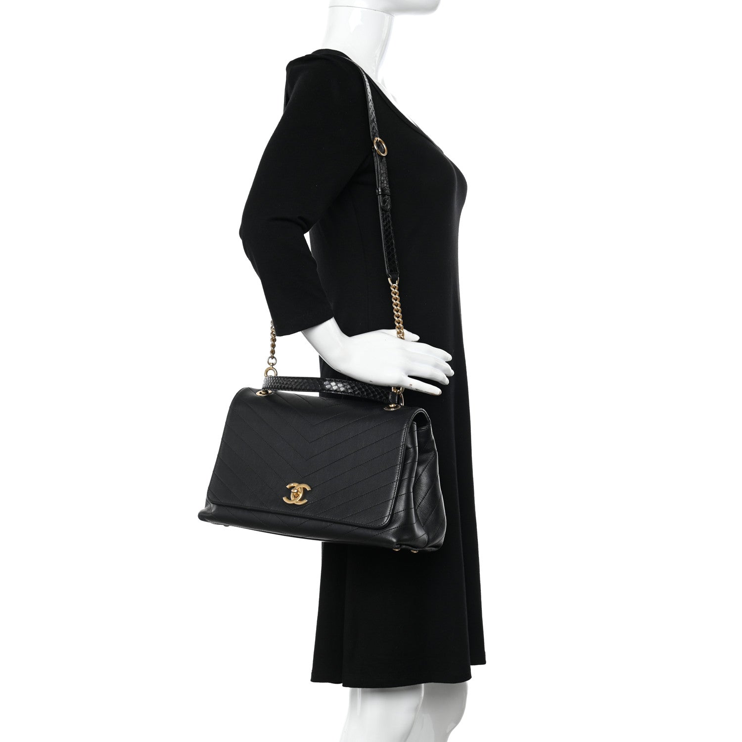 Chanel Grained Calfskin Elaphe Stitched Medium Chevron Chic Top Handle Flap Black 2 of 12