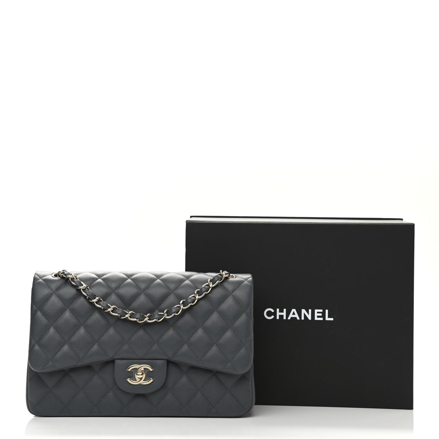 Caviar Quilted Jumbo Double Flap Grey