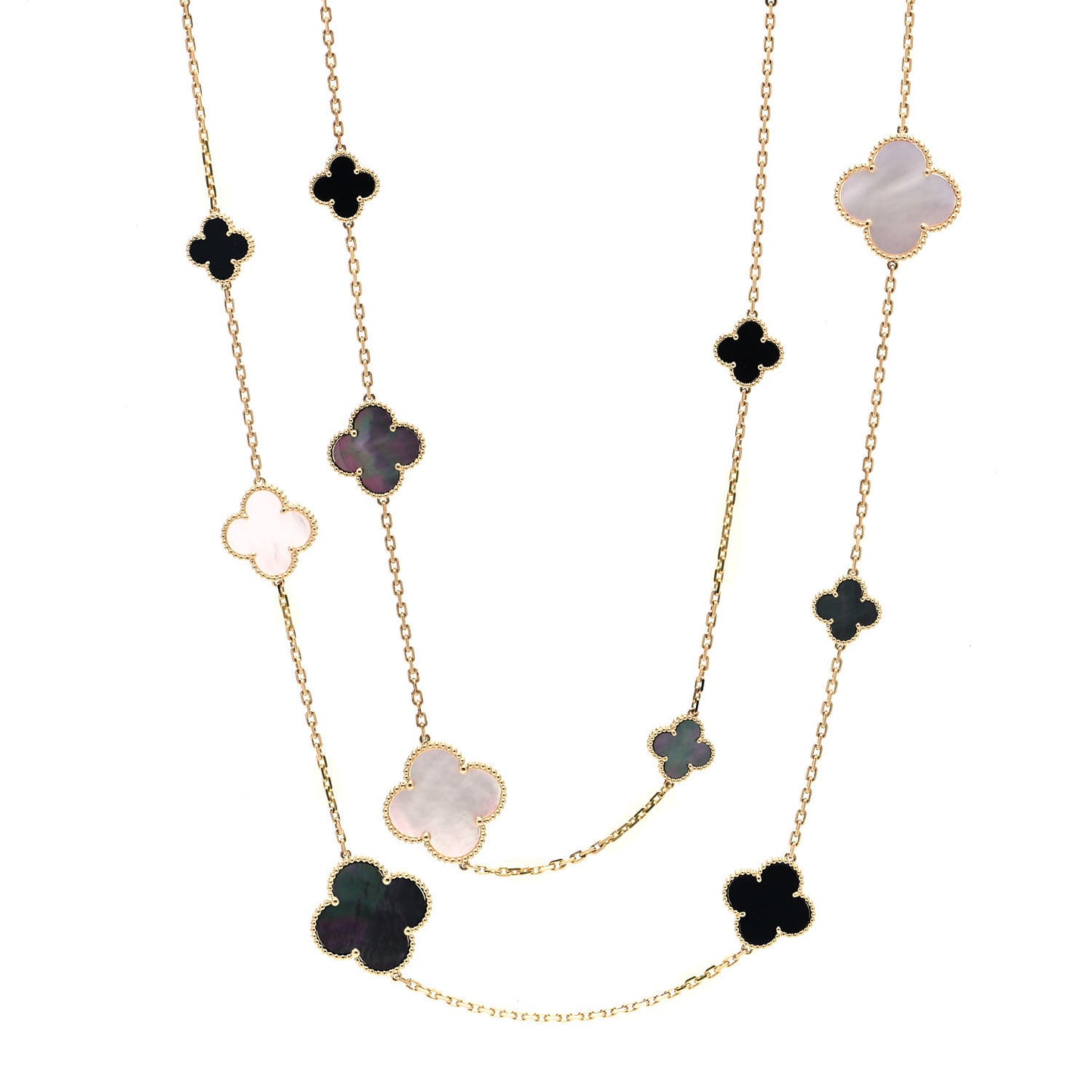 18K Yellow Gold Onyx Mother of Pearl 16 Motifs Magic Alhambra Necklace