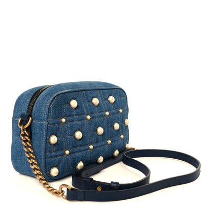 Gucci Denim Matelasse Pearl Studded Small GG Marmont Chain Shoulder Bag Blue 3 of 11