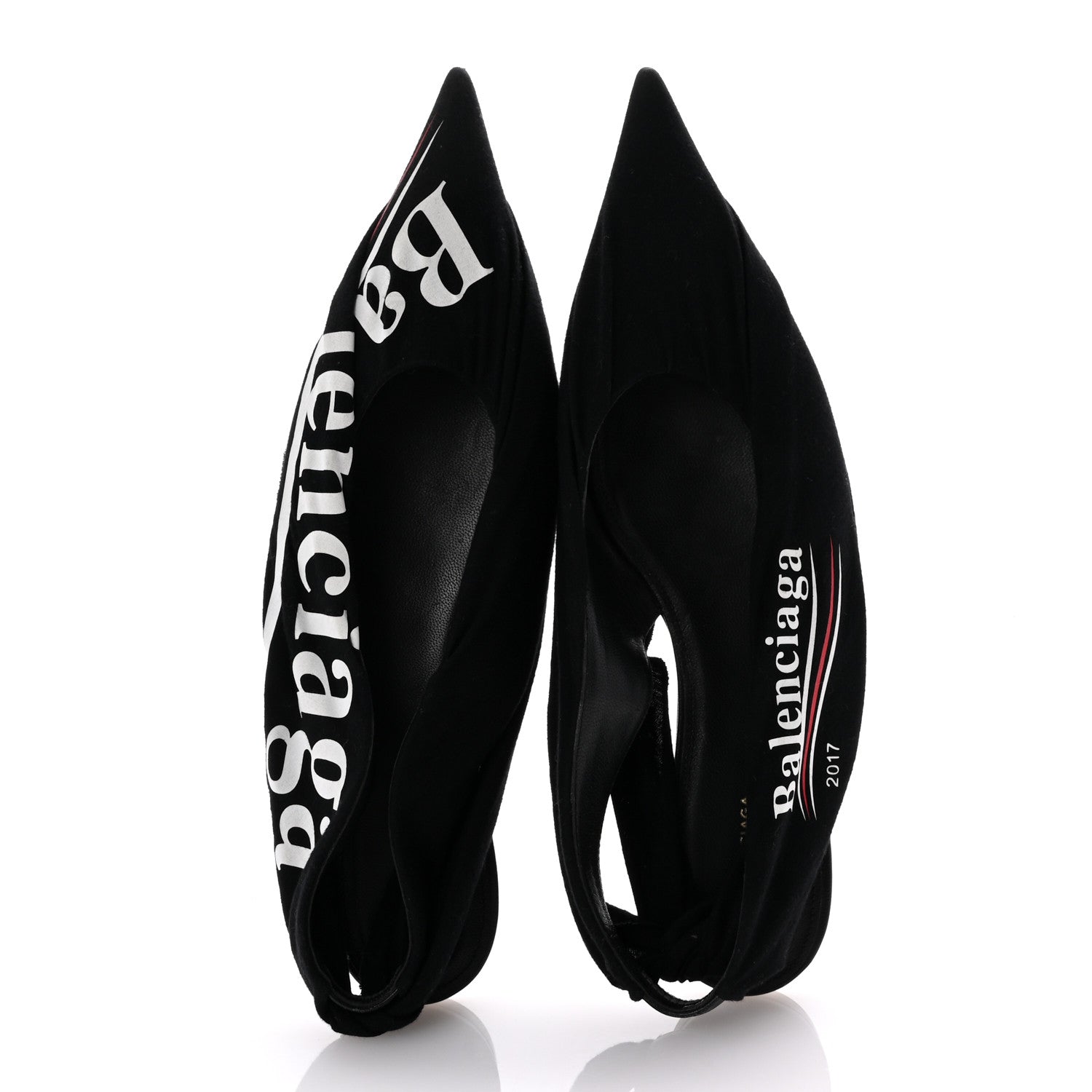 Balenciaga Jersey Crepe Political Campaign Logo Knife Pointed Slingback Flats 40 Black White Rouge 2 of 9