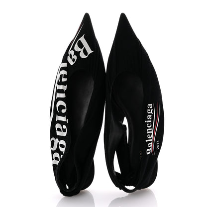 Balenciaga Jersey Crepe Political Campaign Logo Knife Pointed Slingback Flats 40 Black White Rouge 2 of 9