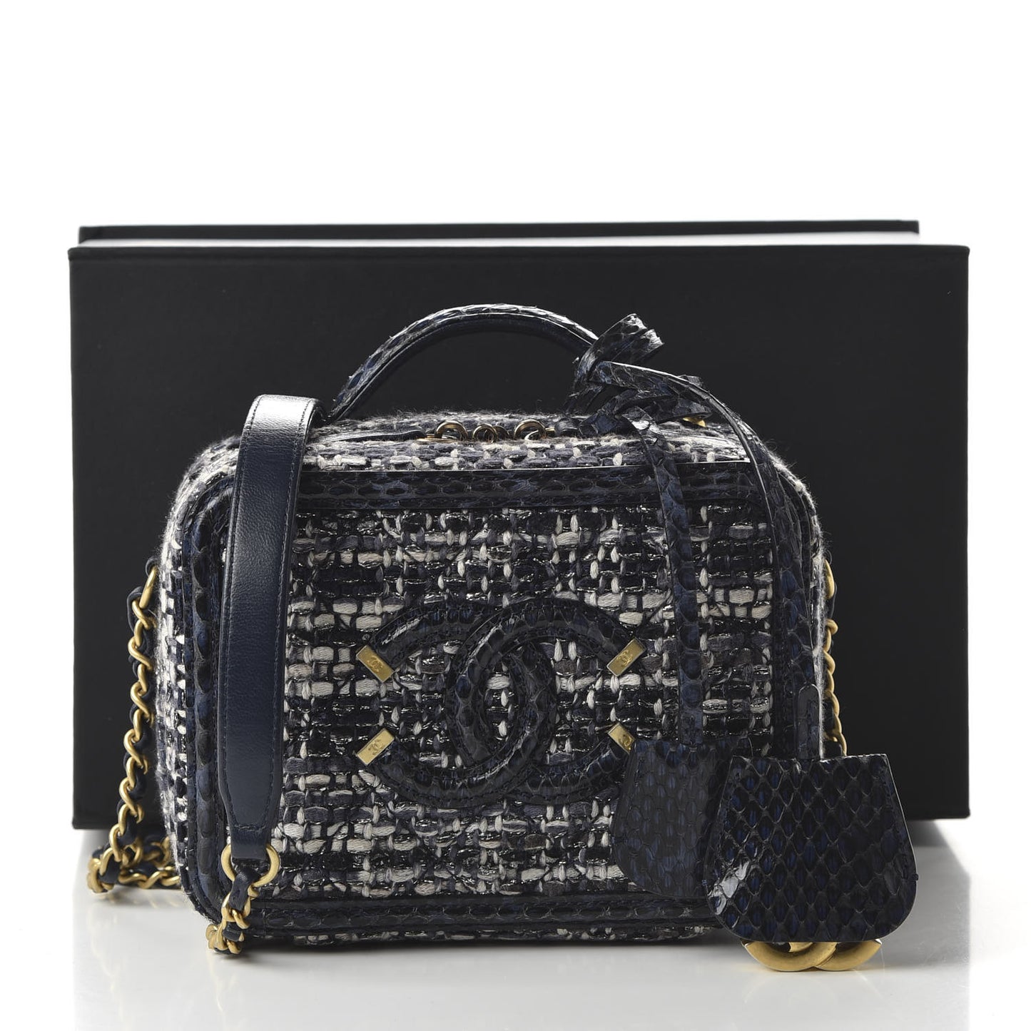 Tweed Snakeskin Quilted Small CC Filigree Vanity Case Black Ecru Silver