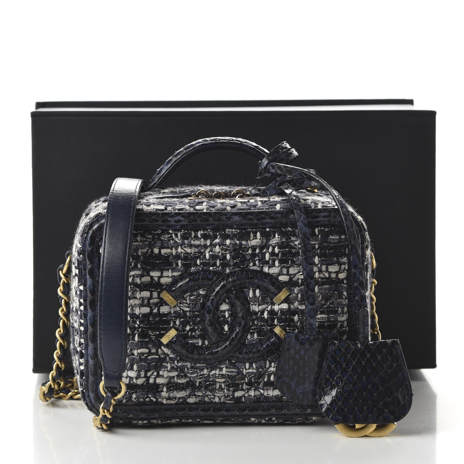 Chanel Tweed Snakeskin Quilted Small CC Filigree Vanity Case Black Ecru Silver 21 of 21