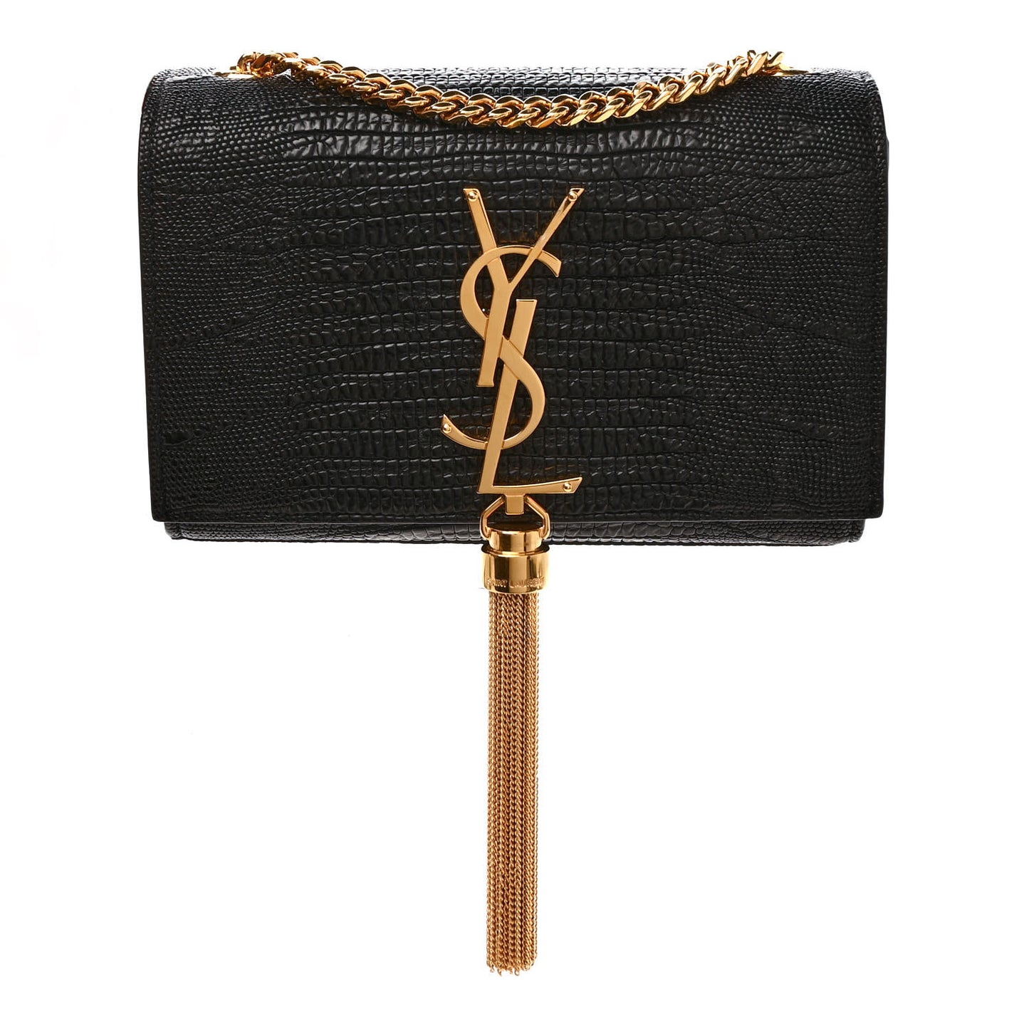 Calfskin Lizard Embossed Small Classic Monogram Kate Tassel Satchel Black