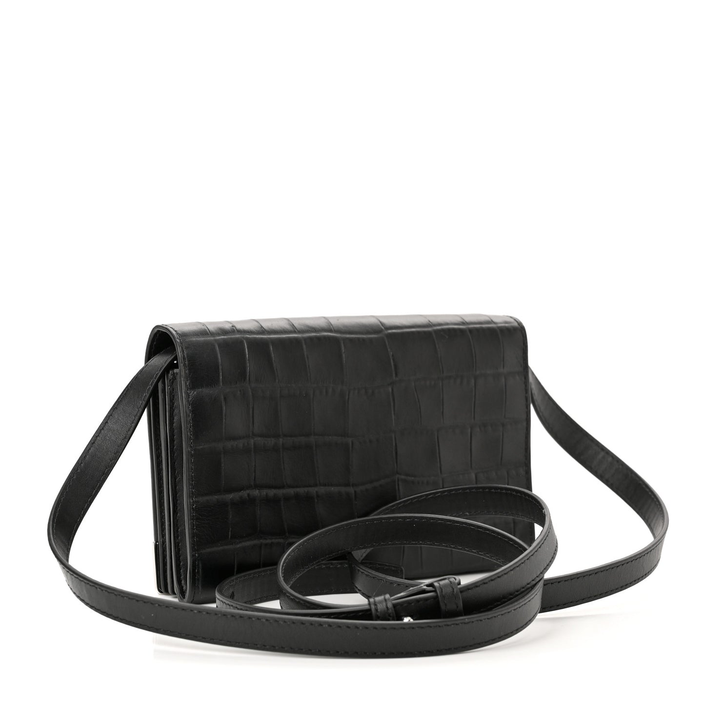 Crocodile Embossed Calfskin Shoulder Bag Black Silver Hardware