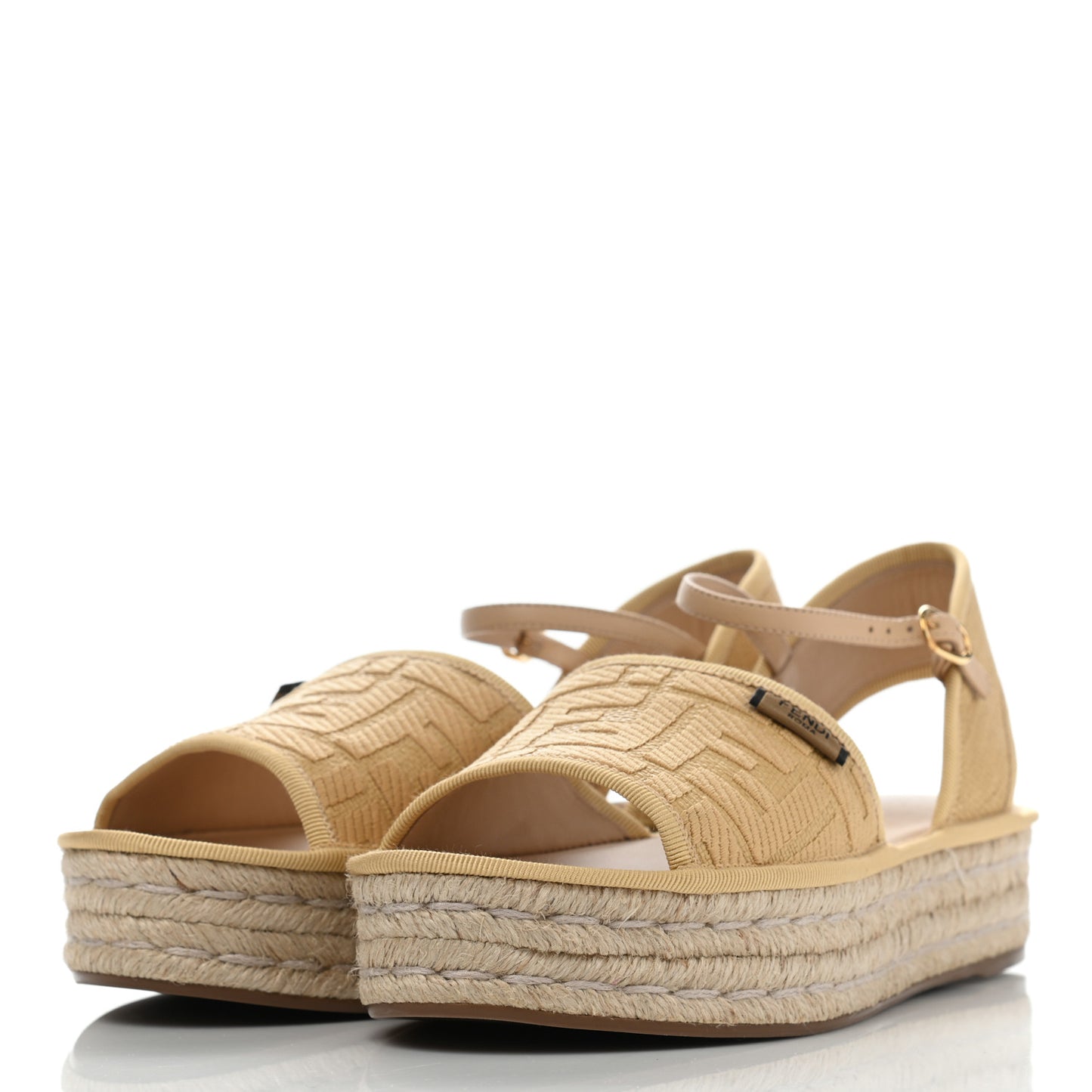 Raffia FF Embroidered Espadrille Platform Sandals 38 Natural