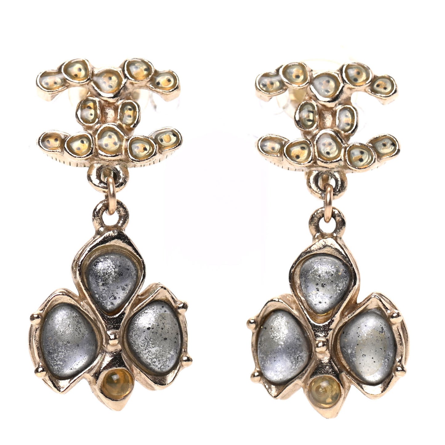 Resin CC Drop Clip On Earrings Grey Gold