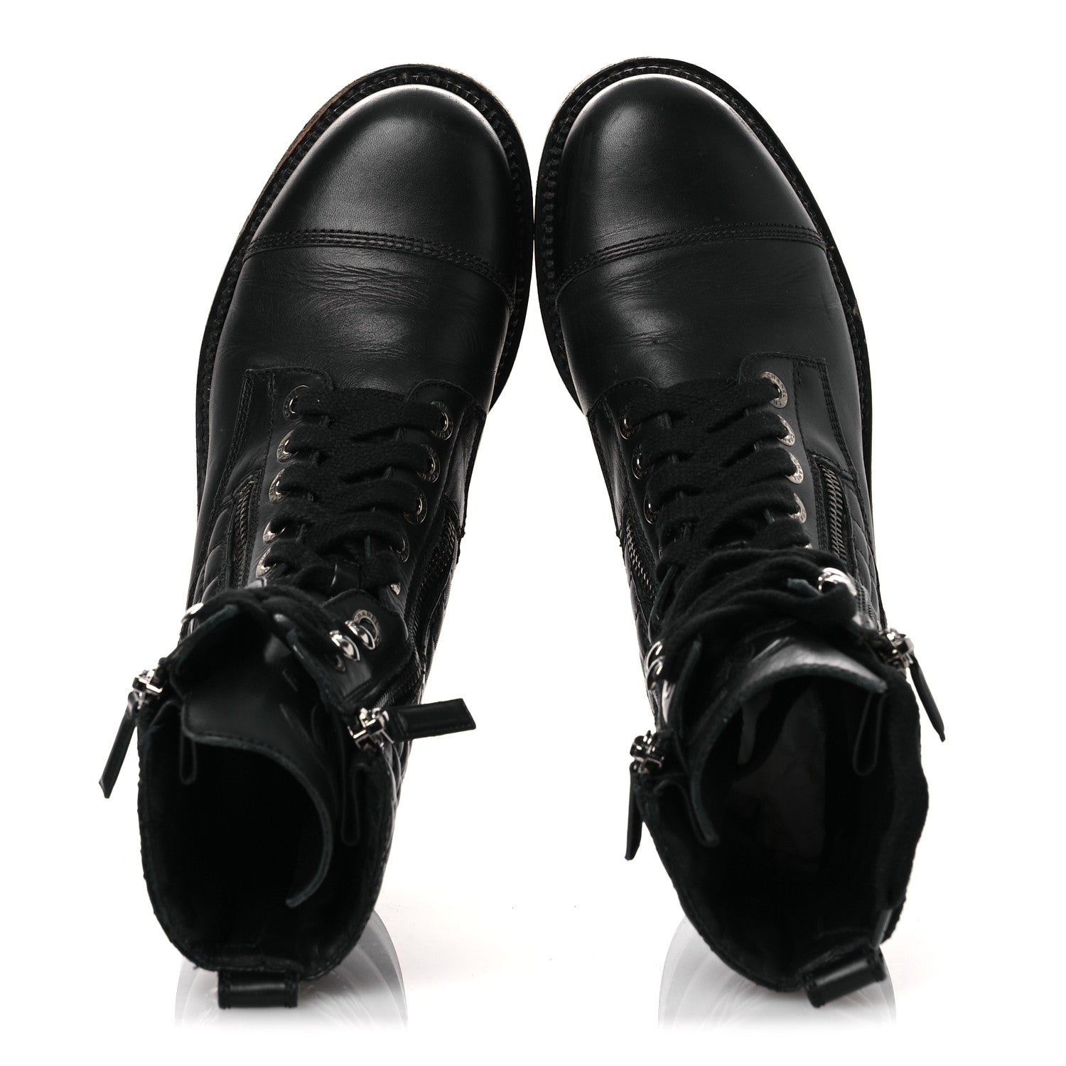 Chanel Calfskin Quilted Lace Up Combat Boots 37.5 Black 2 of 15