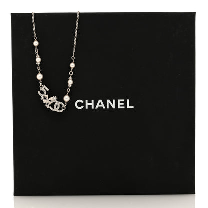 Chanel Pearl Crystal CC Clover No 5 Short Necklace Silver White 5 of 5