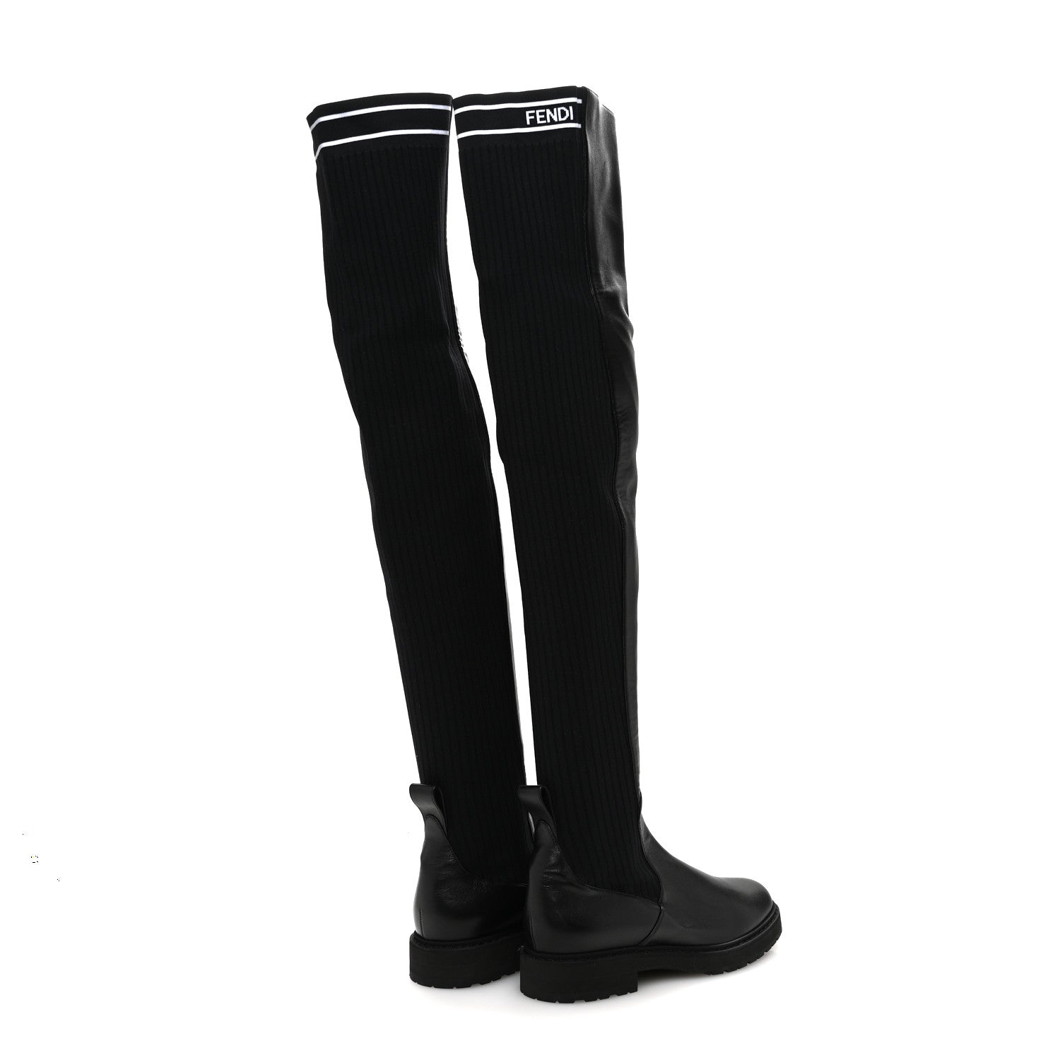 Fendi Nappa Stretch Fabric Logo Rockoko Thigh High Boots 37.5 Black White 4 of 8