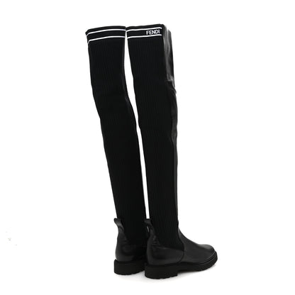 Fendi Nappa Stretch Fabric Logo Rockoko Thigh High Boots 37.5 Black White 4 of 8