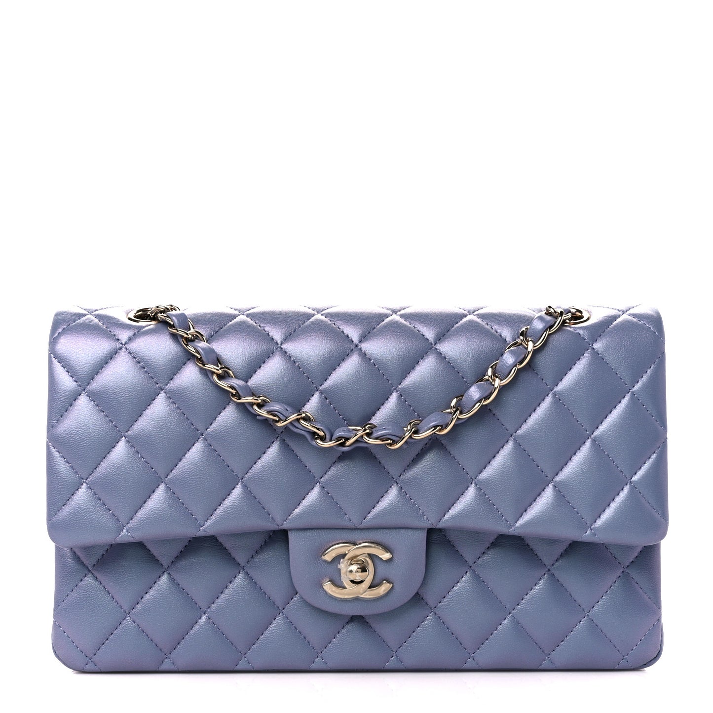 Iridescent Lambskin Quilted Medium Double Flap Light Purple