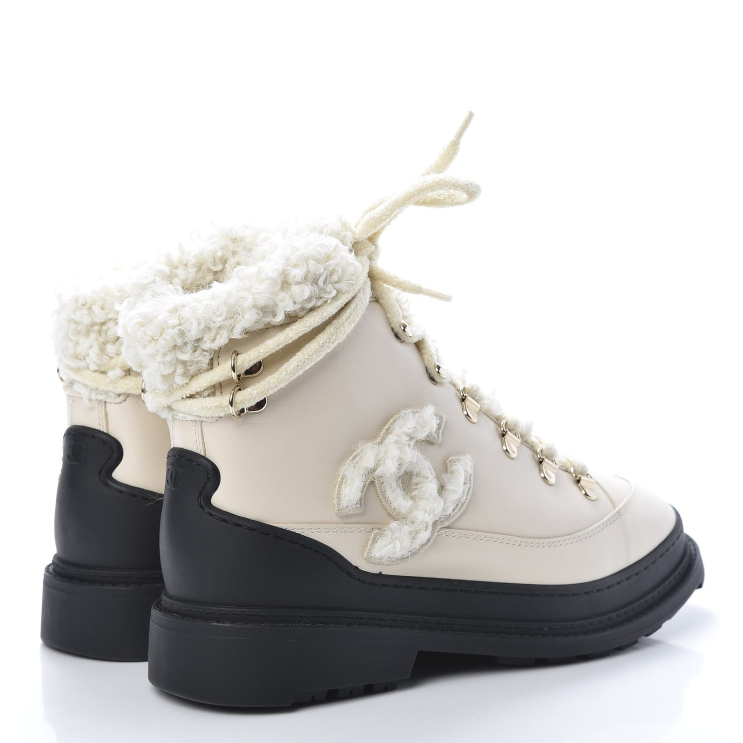 Calfskin Shearling CC Lace Up Boots 38 Light Beige Ivory