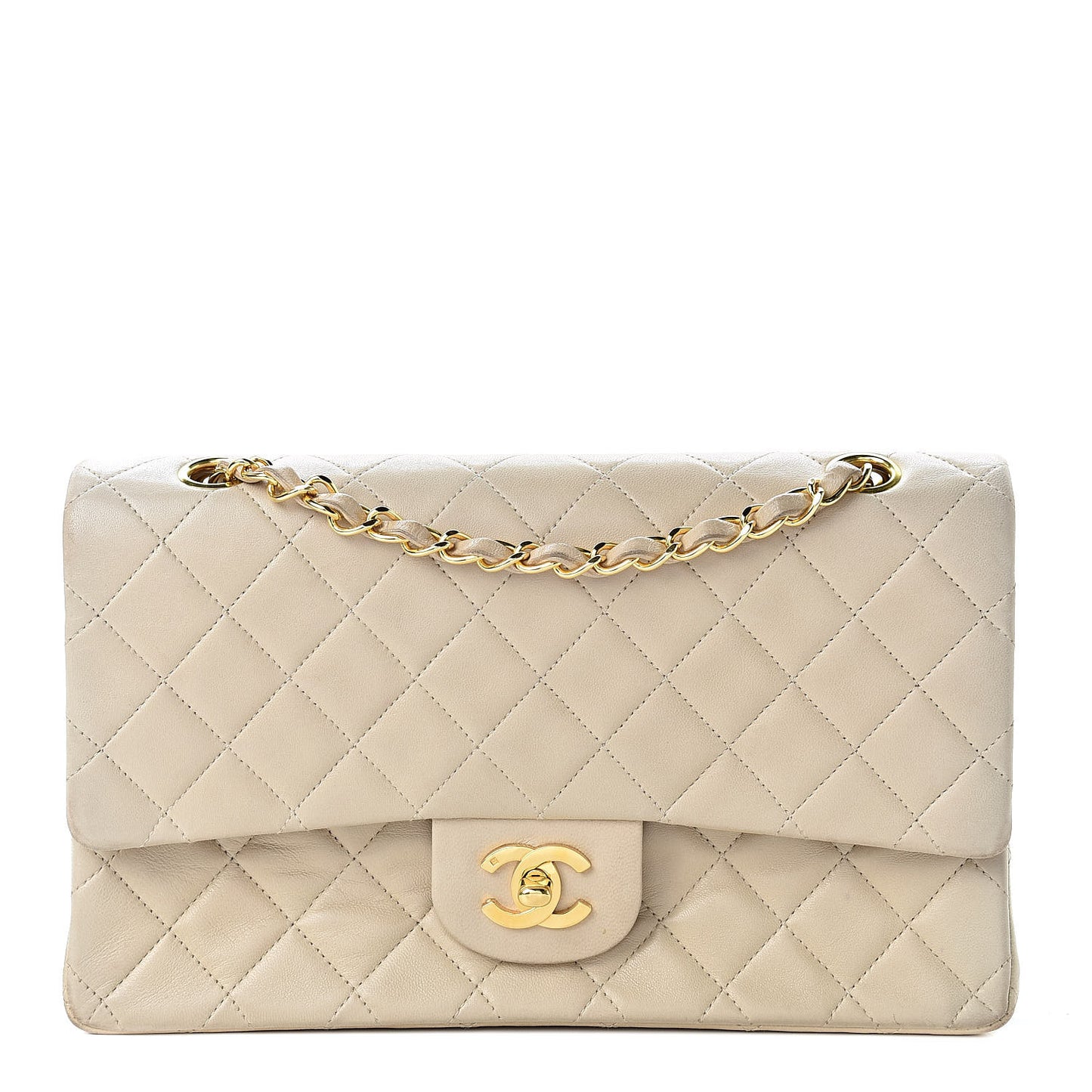 Lambskin Quilted Medium Double Flap Beige