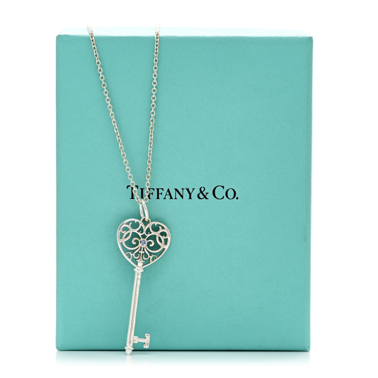 Tiffany Sterling Silver Blue Sapphire Enchant Heart Key Pendant Necklace 5 of 5