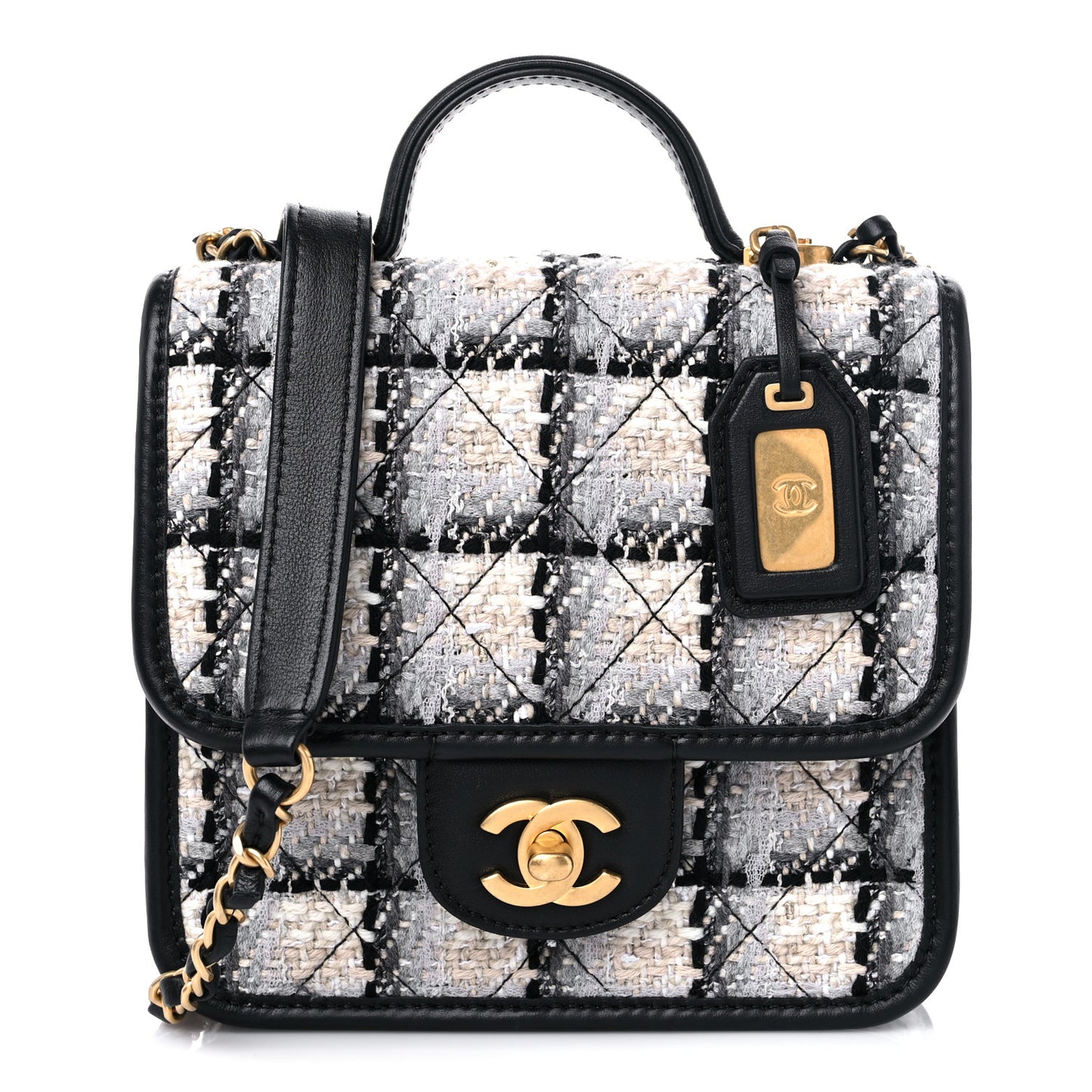 Tweed Calfskin School Memory Mini Top Handle Flap Ecru Grey Beige Black